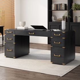 70"Classic and Traditional Executive Desk with Metal Edge Trim ,Writing Desk with 2 file drawers,USB Ports and Outlets,Desk with Hidden Compartment fo