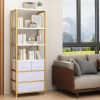 6 Layers with 3 Drawers Bookshelf, Particle Board Iron Frame Non-woven Fabric 60*35*174cm Gold Frame, White