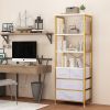 6 Layers with 3 Drawers Bookshelf, Particle Board Iron Frame Non-woven Fabric 60*35*174cm Gold Frame, White