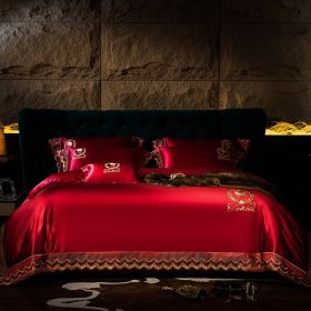 Silk Cotton Embroidery Four-piece Set 200 Long-staple Cotton Model Room Cotton Satin (Option: Red-200x230cm)