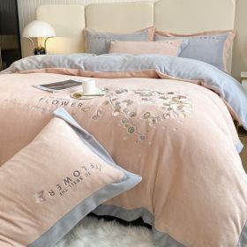 Thickened Thermal Coral Fleece 4-piece Set (Option: Eucalyptus Pink Jade-150cm Fitted Sheet 4pcs)