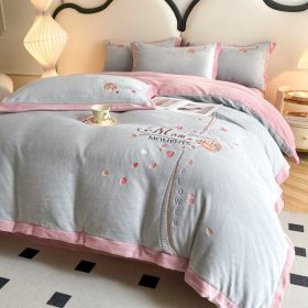 Thickened Thermal Coral Fleece 4-piece Set (Option: Rose Glacier Gray-150cm Fitted Sheet 4pcs)