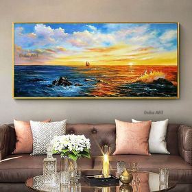 Handmade Hand Painted Wall Art On Canvas Horizontal Panoramic Abstract Modern Landscape Nightfall Sea Sky Home Living Room hallway bedroom luxurious d (size: 50X100cm)