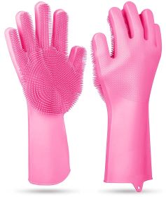 1 Pair Magic Silicone Brush Dishwashing Gloves Cleaning Sponge Pet Scrubber Heat Resistant Wash Gloves (Color: Pink)