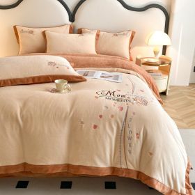 Thickened Thermal Coral Fleece 4-piece Set (Option: Rose Rice Coffee-120cm Bed 3pcs)