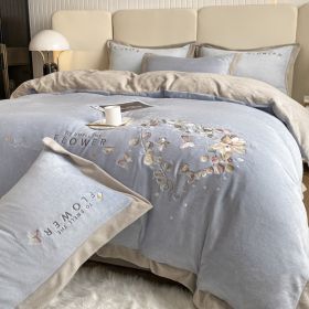 Thickened Thermal Coral Fleece 4-piece Set (Option: Eucalyptus Blue And Gray-120cm Bed 3pcs)